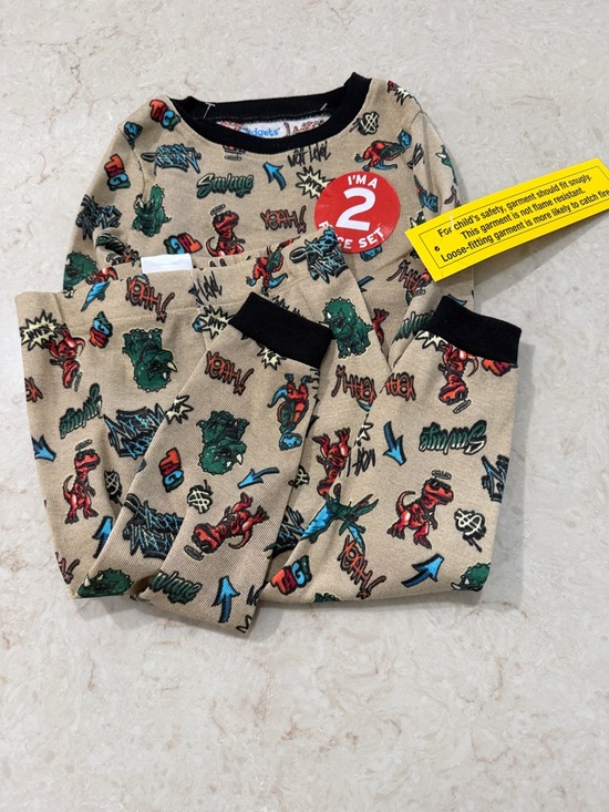 Beige Dino & Monster Print Kids Pajama Set with Black Trim 12M NWOT - Picture 2 of 6